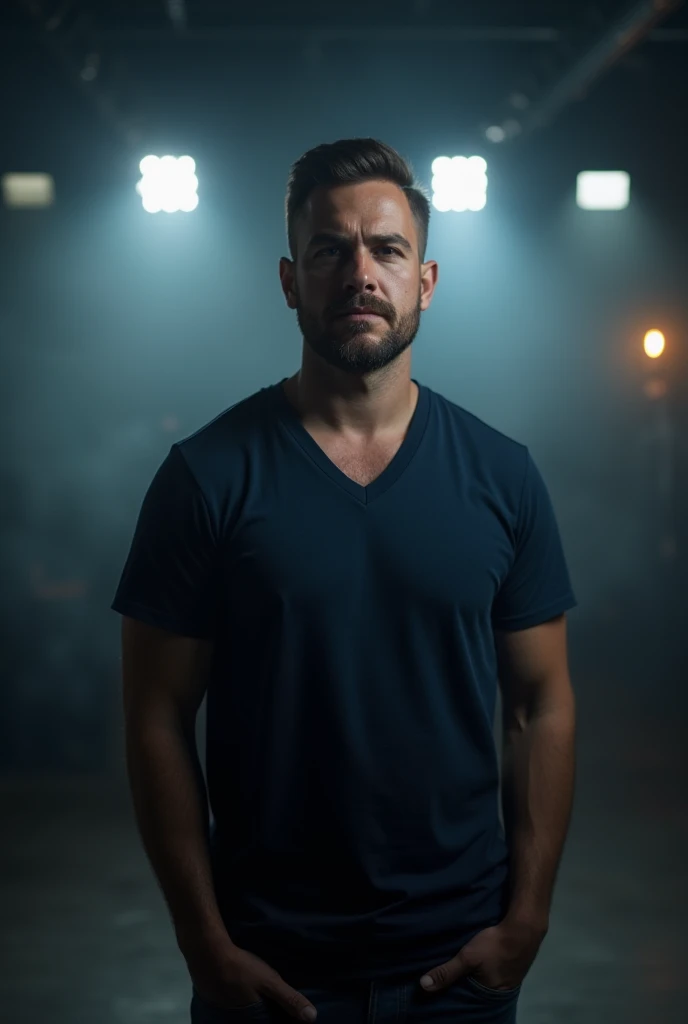 The sad-fronted salesman wore a navy V-neck T-shirt, standing facing the front. The lighting was arranged in the studio at the back with a scattering of black haze.