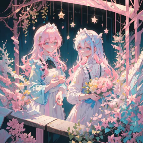  Highest Masterpieces,  top quality ,  Ultra Details, Beautiful shading,  cinematic lighting, (ox), studio lighting,  cute, Cute,  cute pastel colors, on ears in pastel pink, Pastel Blue Iridescent Hair , hair with highlights,  Maid Dream Maid Wear Clothes...