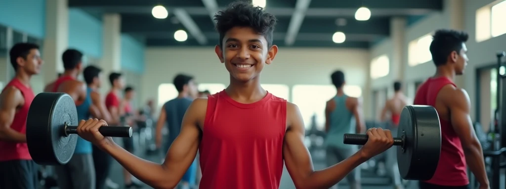 A vibrant teenage boy, Dinesh, at a gym, lifting weights with a confident smile. He has a well-built physique, short black hair, and is wearing a sleeveless red workout shirt and black track pants. The gym is bustling with activity, with other teens exerci...