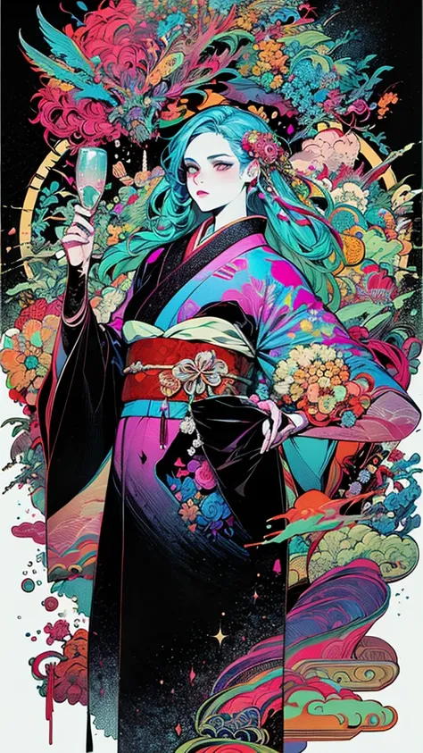 8k,masterpiece,  top quality , １Beautiful women,正しい  kimono, The  kimono pattern is modern,32K Wallpaper,   very detailed, poster, geometric movie poster, glow in the dark  ，Bioluminescent color sparkles  ,Captivating psychedelic surreal neon amazing unive...