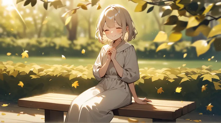 A young girl sitting on a wooden bench in a park, bathed in golden sunlight. She smiles softly, surrounded by the distant laughter of ren and the gentle rustling of leaves.