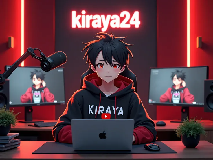 Create a highly detailed anime style 18-year-old boy with short black spiky hair and expressive red eyes, sitting confidently at a modern desk setup. The character is wearing a black and red hoodie with KIRAYA24 written on it in bold, white and red letteri...