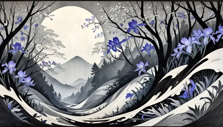  MONOCHROME , Pencil drawing, Ink painting, Ink painting, Japanese painting, Woodblock print,  Fusion of Watercolor and Oil Paintings ,  Fusion of Paper Cutting and Shadow Painting , The Moon Illuminates a Steep Forest 。 Scenery。Classical art, Iris Effect,...