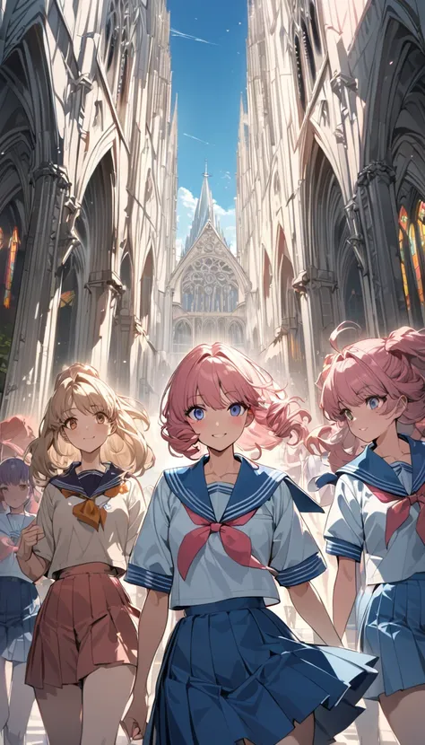  top quality , masterpiece,  FOUR GIRLS, 80s Hairstyles, ( sailor suit, sailor suit ), smile, (Different pink hair color , A different face), (Japanese School,On the way home from school ), stop temporarily, detailed skin texture showing the cathedral,  de...