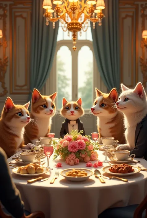 Cats and dogs happily eating an elegant banquet at the table