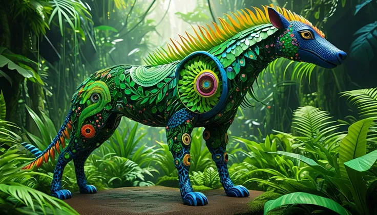  future genetic engineering covered in fauna 、 covered in fauna would incorporate living creatures into that work of art, 動物相に覆われた, flora.  alebrije , masterpiece, Hyper HD, axonometry ,  Jungle.  cyberpunk