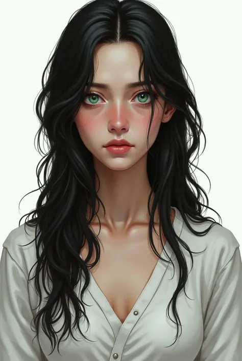 Its Alicia but with green eyes and black hair with dark circles under her eyes and white clothes with the face of having been through a lot in her life