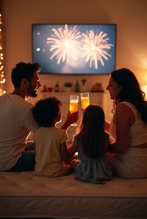 " A Latino family sitting on a box spring ,  sharing laughs while holding glasses of juice and champagne.  in the background ,  a television shows fireworks ,  with minimal decoration in shades of gold and silver .  The focus is on warmth and family unity ...