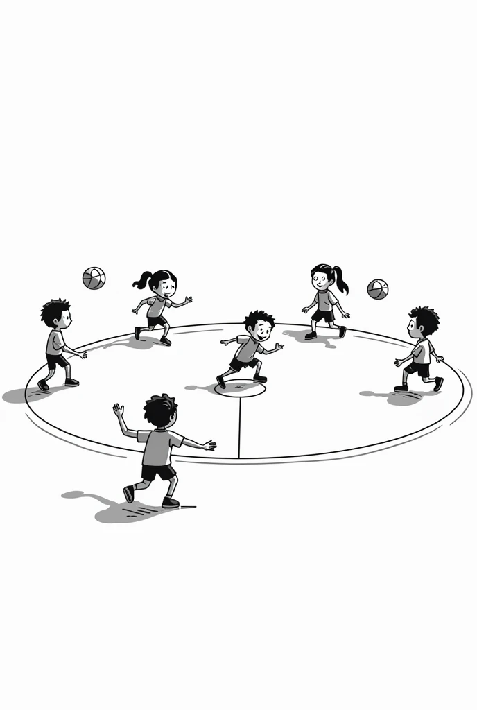 small students playing dodgeball game in which some are inside the circle and some are outside holding s single ball. the image should be in clip art and black and white 