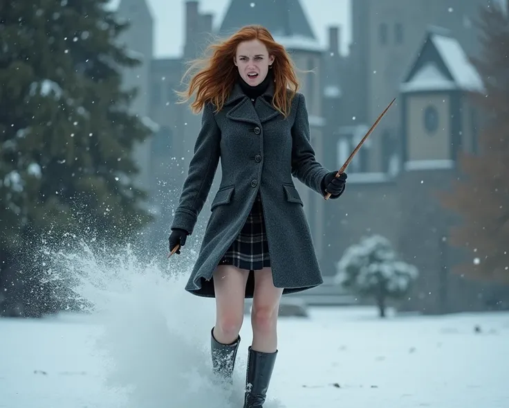 Emma Watson, Hermione Granger, adult, dark lord Voldemort is casting a blizzard spell, hermione is facing voldemort but cannot match his ultimate power, woolen skirt, bare legs, griffindor coat, turtleneck, high heels, hogwarts castle garden, full body, bl...