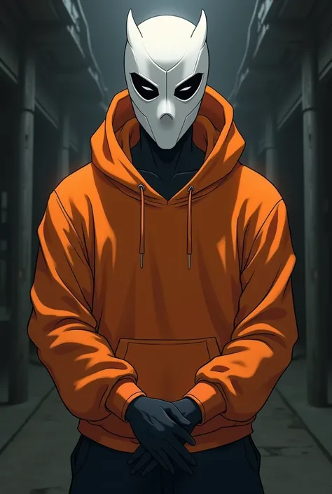 Create an image of an anime character white Anbu mask and orange sweatshirt