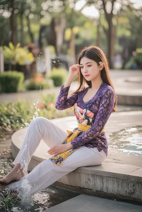 A sweet Korean girl, wearing a long  batik purple black kebaya and long  white batik bottoms, there is a long yellow and blue batik cloth around her waist that waves in the wind. He was sitting near a large fish pond playing in the water, you could see lar...