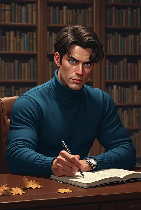 A handsome tall man, short chocolate colored hair, intense blue eyes, strong chin, outlined lips, He wears a blue turtleneck sweater he is sitting at a desk in the middle of a large library in dark and mahogany tones the windows are closed he has his eyes ...