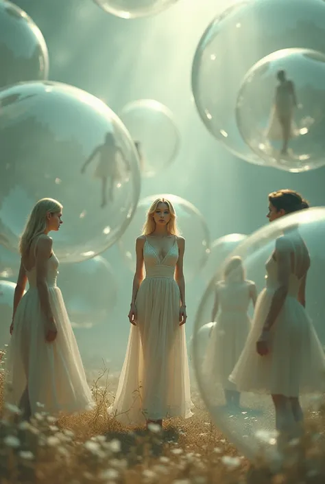 People each entirely in their own spherical bubble except for one beautiful blonde woman who doesnt have a bubble 