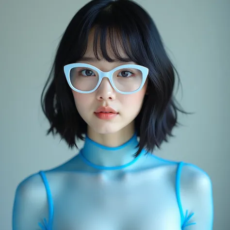 Masterpiece, full-body photo sequence _Photo of 25 year old Thai girl_ wearing white frame glasses. Black single eyelid, short hair, bob cut, Korean style, chic_sexy, mouth_white skin_wears a clear blue rubber suit_see-through rubber suit.