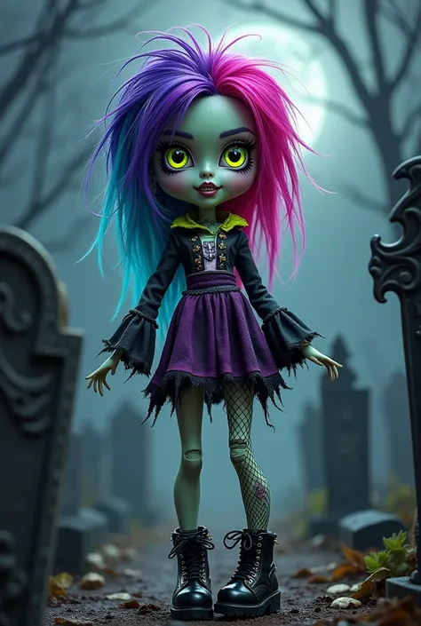 "Create an illustration of a Monster High-inspired doll with a zombie theme. The doll has pale, greenish skin with a decayed texture, showing visible stitches and cracks. Her hair is a messy, tousled blend of bright pink, purple, and blue, with a few stran...