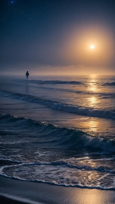 A mystical beach at night, with a sky filled with twinkling stars and a full moon. The beach is covered in a layer of shimmering fog, creating an ethereal atmosphere. A lone figure stands on the shore, their silhouette shrouded in mist.