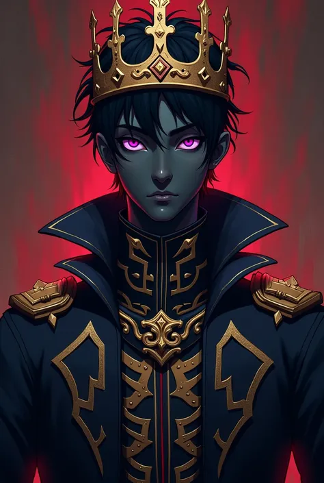 Design in the style of Arcane, Adult man,  short black hair , 2 digits, completely black skin, purple eyes,  style design using Renaissance clothing and a crown.