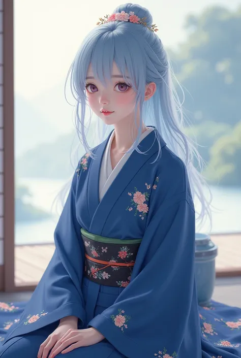 New Years pastel light blue hair color navy blue kimono sitting