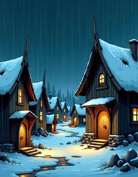  Comic-style image. Of wooden and stone settlements (900s ),  some large and some small, Its raining at night, Viking Age ,  winter 