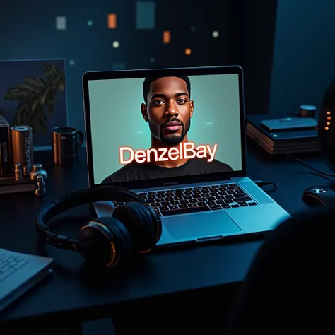 A sleek modern desk with a laptop displaying the name DenzelBay on its screen. The screen shows a realistic digital portrait of a person named Denzel. A pair of high-quality over-ear headphones are resting on the laptop keyboard. The background is a subtle...