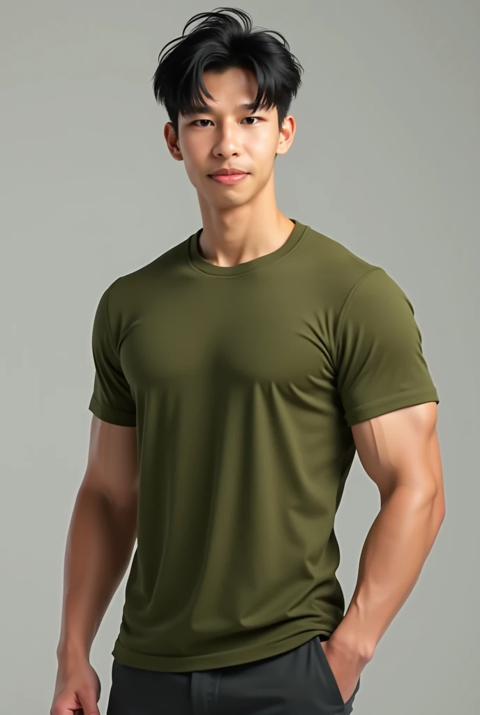 1 fat korean boy , Slim fit  , olive green t-shirt,  young handsome , Male muscles 