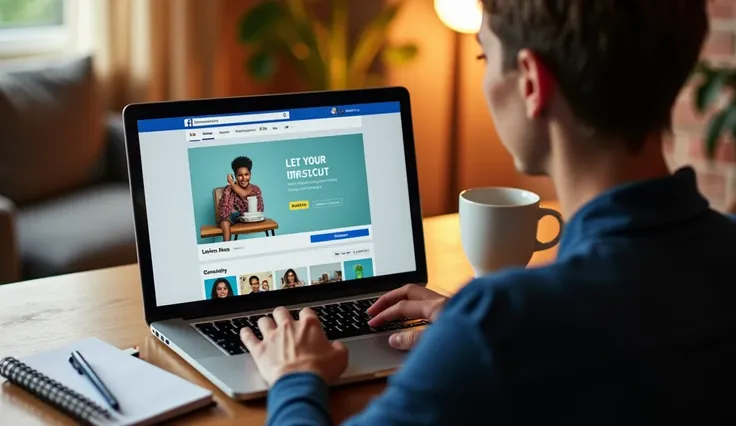 A customer sitting at a desk in a cozy, modern workspace, looking at their laptop. The screen displays a vibrant Facebook ad featuring a product with a clear call-to-action button, like Shop Now or Learn More. The customer is intrigued and clicks on the ad...