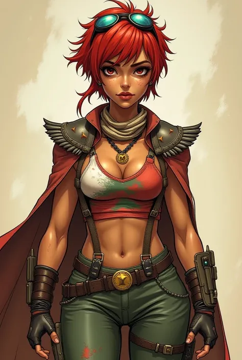 [Deep Tan-skinned Arabian] short female fighter, with (Egyptian facial traits).
Thick fat lips.
Freckles.
Intense sweating.
Short messy red hair.
Very long sideburns.

Steampunk aviator glasses on hair.

Long scratched cape.
Shoulder pads.
Red, white and g...