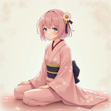 Sitting in a New Years kimono, pastel pink hair color, light blue eyes