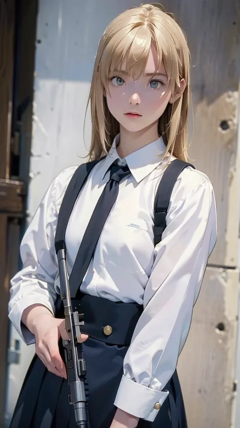  in high-definition images，Strange resolution ,  high res, (masterpiece: 1.4),  super detailed , Blond haired young woman dressed as a army soldier, Street Fight ,  (((Hold the machine gun in front of her body and shoot))),