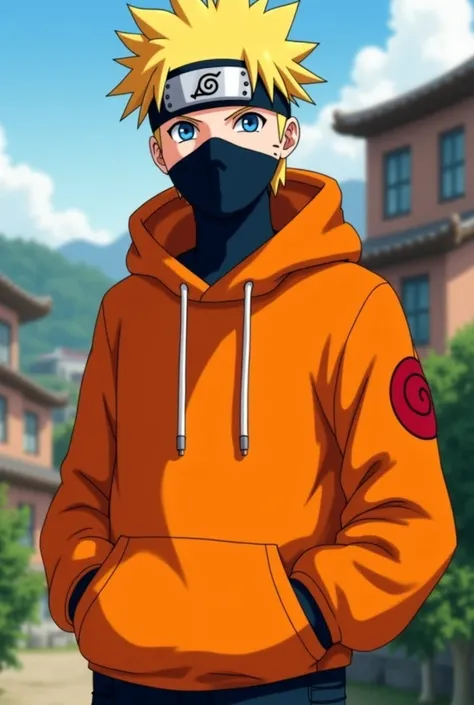 Create an image of a De Baruto character wearing an Anbu mask and orange sweatshirt