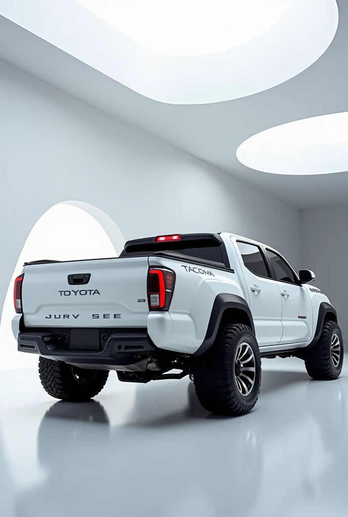 A captivating and futuristic image of the (. Yeh tasvir Toyota Tacoma ke modified rear design ki lag rahi hai. Agar aapko iske baare mein kuch specific jaana hai, toh aap mujhe bata sakte hain!
) is displayed in a luxurious white showroom. The car is paint...