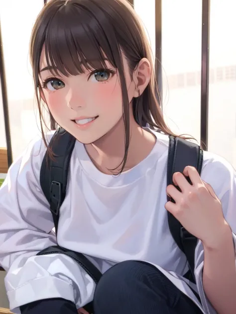 there is a young girl sitting on a bench with a backpack, Chiho, young gravure idol, Yoshitomo Nara, realistic young gravure idol, narumi kakinouchi, young pretty gravure idol,  Shiori Teshirogi, Aoi Ogata, sakimi-chan, iwakura lain, (Masterpiece), (best d...