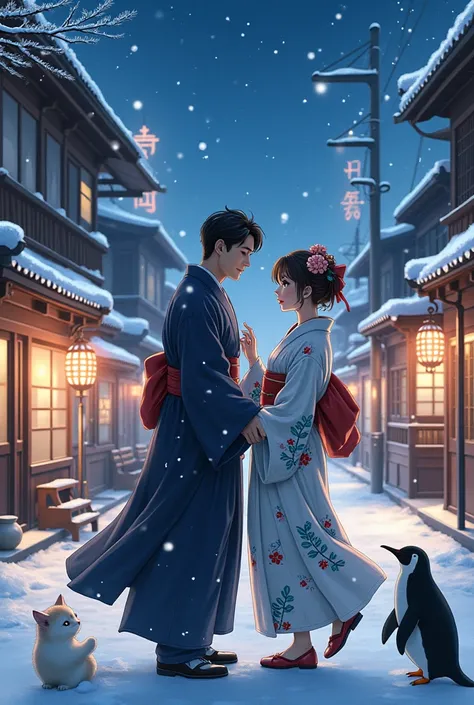 Kyoto night cityscape 、snow、Kimono Men、Woman in kimono、 Flirting 、 cute kitten kimono、Penguin kimono 、 Highest Masterpieces、 high image quality、Genuine、