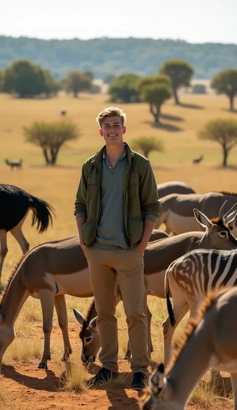 Photo of a 19-year-old white man next to several ostriches, zebras, antelopes, African savanna. 