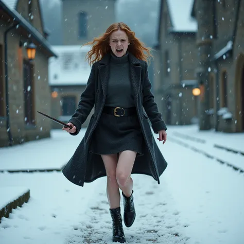 Emma Watson, Hermione Granger, adult, dark lord Voldemort is casting a blizzard spell, hermione is facing voldemort but cannot match his ultimate power, woolen skirt, bare legs, griffindor coat, turtleneck, high heels, hogwarts castle garden, full body, bl...