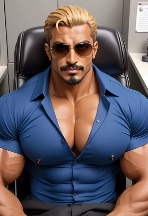 Close up Wear aviator sunglasses head ultra muscular handsome Arabian daddy man, goatee moustache (bulging voluminous pectorals muscle with big nipple), (upper body part photoshoot, photo model posing sit in office chair cubicle), realistic detailed photo ...