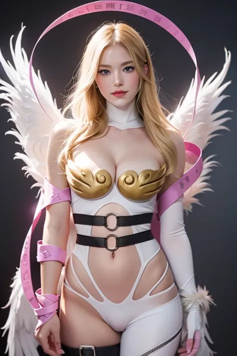 angewomon, ((blonde hair)), long hair, angel wings,blue eyes, ((big boob)), ((large breasts)), bare shoulders, elbow gloves, feathered wings, gloves, navel, pink ribbon, ribbon, single elbow glove, single glove, thigh strap, wings, sexy, sexy body, laugh,m...