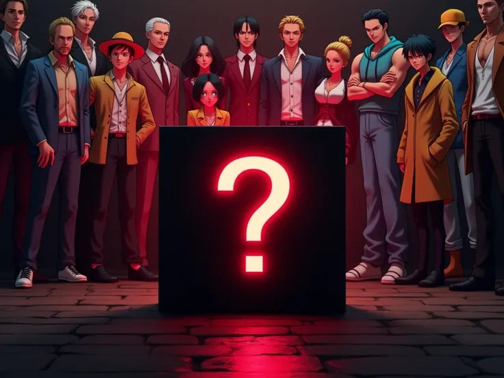 a mysterious black box with a question mark in the middle in neon red IN THE FOREGROUND and with characters from the One Piece anime in the background

Let the background be all the characters in Pne Piece and be more professional and intriguing