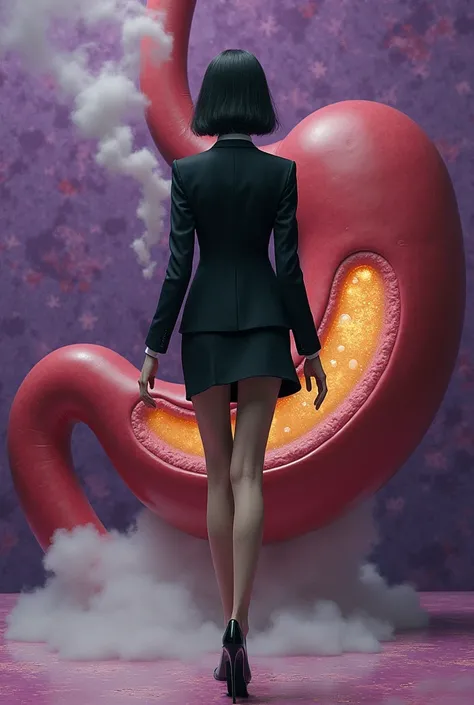 Stomach, purple tissue patterned stomach texture, clear yellow oil, bubbling bubbles trapped inside the stomach, white smoke vapor, Japanese woman wearing a black office suit, black short skirt, black tights, black heels, her skin melted into a hug. The kn...