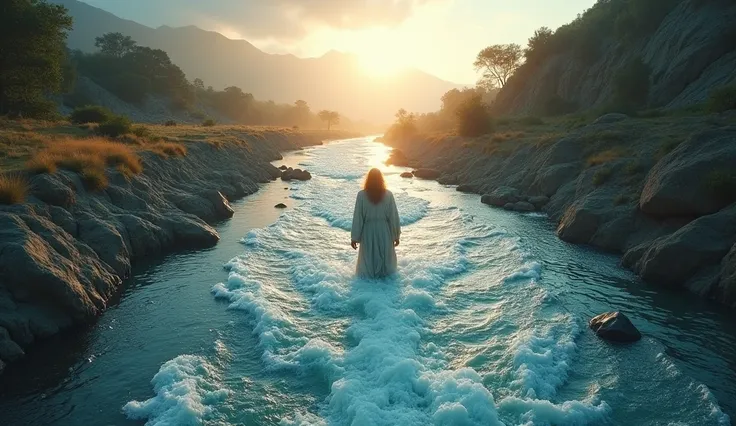 Create an ultra-realistic image of a river miraculously divided across its width whose walls of water create a dry path, while the prophet Elijah and Elisha walk within, Using a Sony Alpha 7 camera and a Sony FE 70-200mm lens