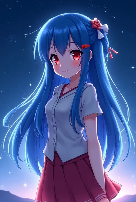 anime girl generate blue long hair and side me red ridan hear me glo karti huyi hairclip red eyes cut smile red face full body front,and background night lighting sky me star aur lighting blue and palpal light sky me and ground me Chromosome lahrate hui tr...