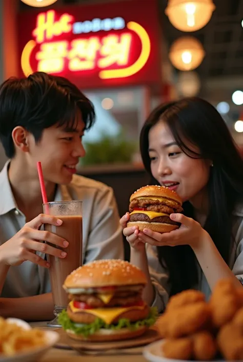 Longshoot realistis cinematic photo of A pakistani-korean-thai woman with fair skin and chubby cheeks and a handsome korean young man holding a choco float milkshake ling glass aesthetic and in front is some food like rice, fried chickens,frenchfraisaa, bu...