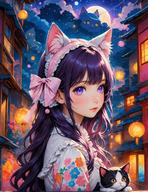 A cat-eared girl between two buildings, Holding a stuffed toy, Girl with Cat ear headband, Neko Mimi Mode, straight dark purple long hair, Horizontal fringe hair, detailed white lolita outfit, cat ears with light pink inside, Hazuki from Tsukuyomi - MOON P...