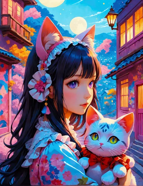 A cat-eared girl between two buildings, Holding a stuffed toy, Girl with Cat ear headband, Neko Mimi Mode, straight dark purple long hair, Horizontal fringe hair, detailed white lolita outfit, cat ears with light pink inside, Hazuki from Tsukuyomi - MOON P...