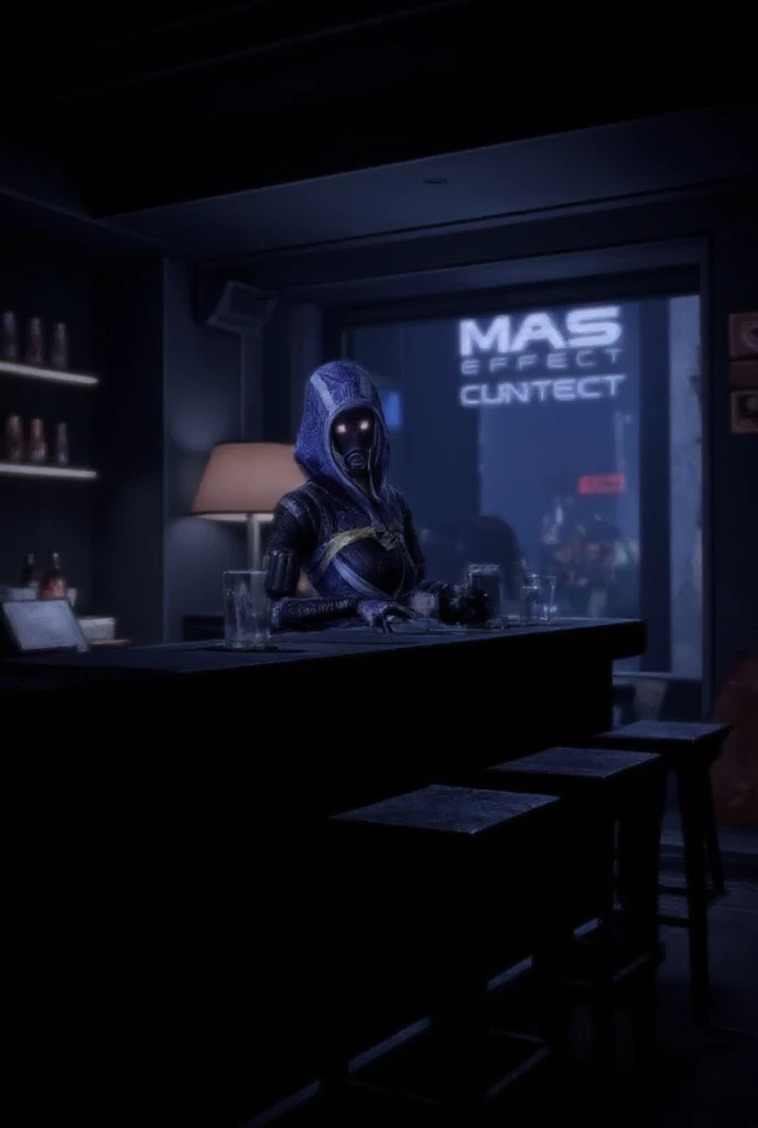 Mass effect TaliZorah with hood and mask, sitting behind a bar