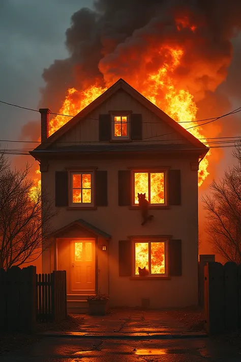 A three-storied house is on fire. A cat is screaming from the window of that house