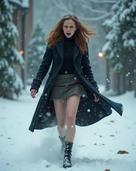 Emma Watson, Hermione Granger, adult, dark lord Voldemort is casting a blizzard spell, hermione is facing voldemort but cannot match his ultimate power, woolen mini skirt, bare legs, griffindor coat, turtleneck, high heels, hogwarts castle garden, full bod...