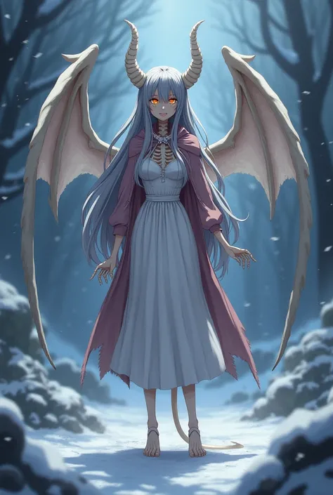 Female skeleton 、  Gray long hair 、 golden eyes、 bears a pair of long white dragon horns on its head、Long tail bone 、 A Pair of Huge Bone Wings 、Tall and thin、 small tits、 wears white dress with mauve lace cape、barefoot、Bleeding Tears 、Crazy Laughter 、Yand...