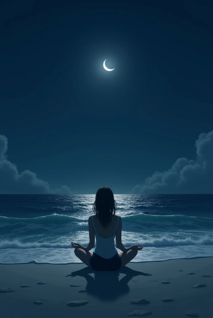 A woman sitting on the beach watching the ocean at night with a half moon in the corner.